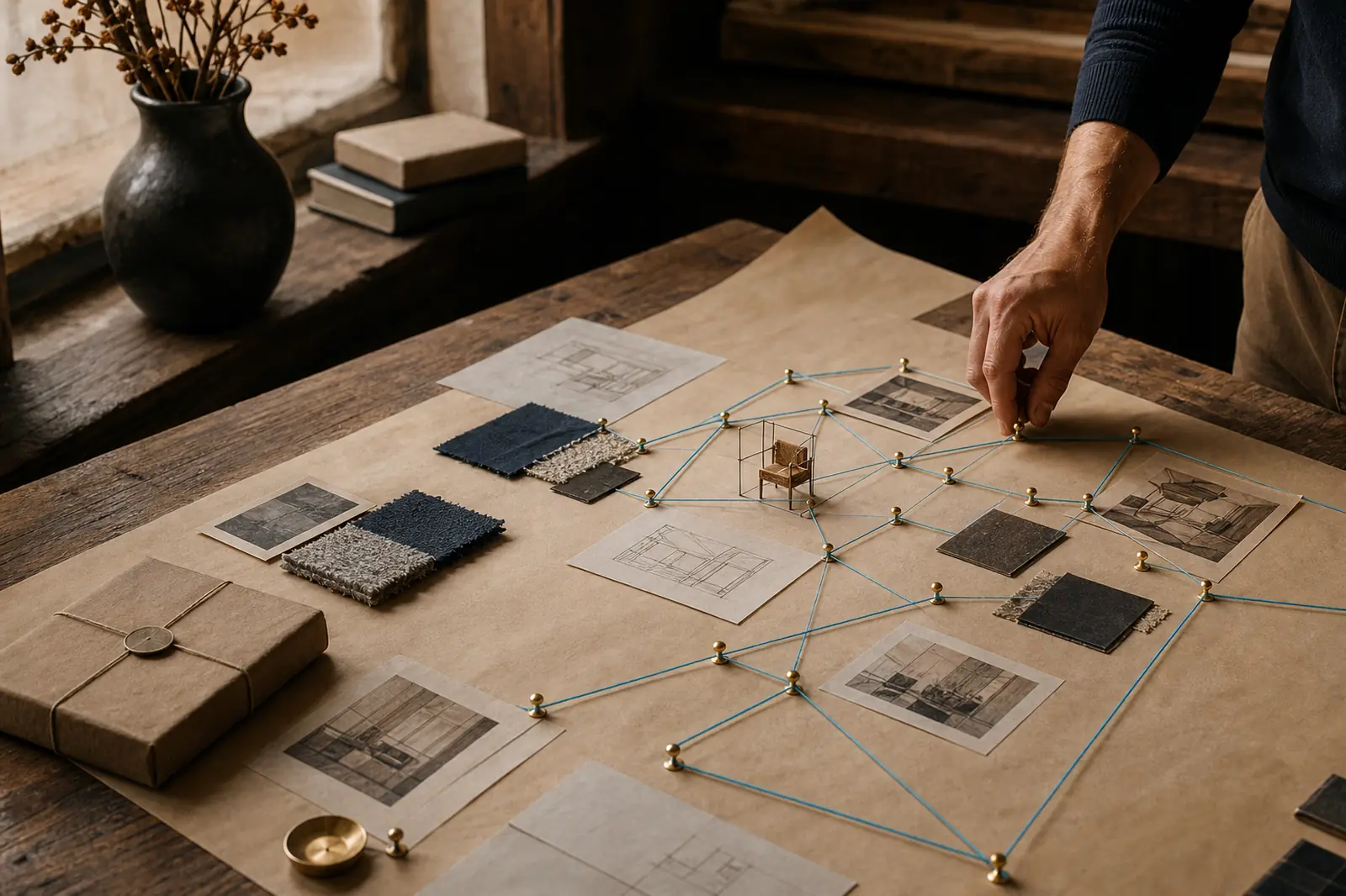 A planning table of parchment, cyan connecting paths and champagne-gold pins marking a route from idea to structure.